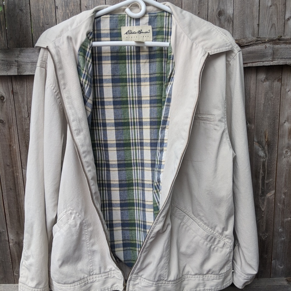 Eddie Bauer Tan Jacket Plaid canvas cotton L EUC